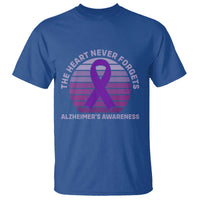 The Heart Never Forgets Alzheimers Support T Shirt Vintage Sunset Purple Ribbon Graphic