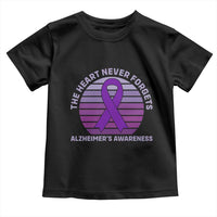 The Heart Never Forgets Alzheimers Support Toddler T Shirt Vintage Sunset Purple Ribbon Graphic