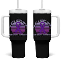 The Heart Never Forgets Alzheimers Support Tumbler With Handle Vintage Sunset Purple Ribbon Graphic