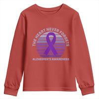 The Heart Never Forgets Alzheimers Support Youth Sweatshirt Vintage Sunset Purple Ribbon Graphic