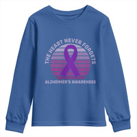 The Heart Never Forgets Alzheimers Support Youth Sweatshirt Vintage Sunset Purple Ribbon Graphic