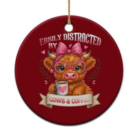 Easily Distracted By Cow And Coffee Ceramic Ornament Funny Highland Cow - Wonder Print Shop