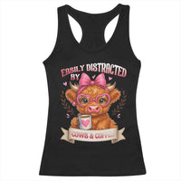 Easily Distracted By Cow And Coffee Racerback Tank Top Funny Highland Cow - Wonder Print Shop