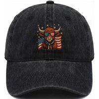 Funny Highland Cow Washed Cotton Baseball Cap USA Flag Patriotic Cow Farmer