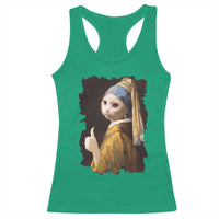 Funny Cat With A Pearl Earring Parody Art Racerback Tank Top - Wonder Print Shop