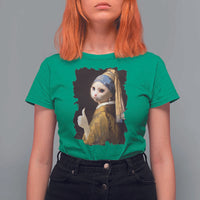 Funny Cat With A Pearl Earring Parody Art T Shirt For Women - Wonder Print Shop