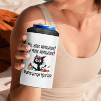 Black Cat English Teacher Gift 4 in 1 Can Cooler Tumbler No More Homework Punctuation Matters Grammar Humor