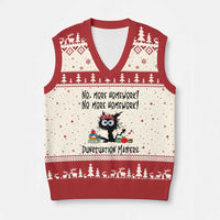 Black Cat English Teacher Gift V-Neck Knit Sweater Vest No More Homework Punctuation Matters Grammar Humor