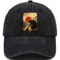 Vintage Japanese Art Samurai Warrior Black Cat Washed Cotton Baseball Cap Ukiyoe Style Boop Meme