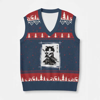 Vintage Japanese Art Samurai Cat V-Neck Knit Sweater Vest Sumie Kawaii Cat Lover Gift