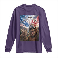 Patriotic Bigfoot 4th Of July Selfie Long Sleeve Shirt Funny USA Freedom Jet Fighter Graphic