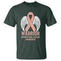 Endometrial Cancer Warrior T Shirt Peach Ribbon Angel Wings Support