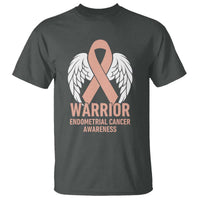 Endometrial Cancer Warrior T Shirt Peach Ribbon Angel Wings Support