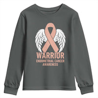 Endometrial Cancer Warrior Youth Sweatshirt Peach Ribbon Angel Wings Support