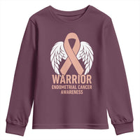 Endometrial Cancer Warrior Youth Sweatshirt Peach Ribbon Angel Wings Support