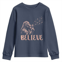 Funny Bigfoot Blowing Dandelion Flower Graphic Youth Sweatshirt Believe Endometrial Cancer Awareness