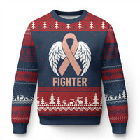 Endometrial Cancer Fighter Ugly Christmas Sweater Peach Ribbon Angel Wings Survivor