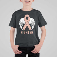 Endometrial Cancer Fighter T Shirt For Kid Peach Ribbon Angel Wings Survivor