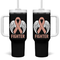 Endometrial Cancer Fighter Tumbler With Handle Peach Ribbon Angel Wings Survivor