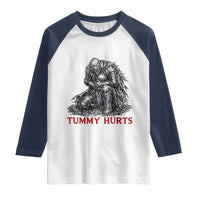 Funny Tummy Hurts Medieval Knight Raglan Shirt Dark Fantasy Warrior Meme Graphic