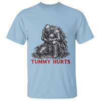 Funny Tummy Hurts Medieval Knight T Shirt Dark Fantasy Warrior Meme Graphic