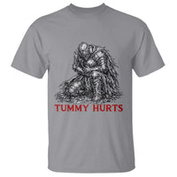 Funny Tummy Hurts Medieval Knight T Shirt Dark Fantasy Warrior Meme Graphic