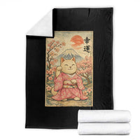 Japanese Anime Maneki Neko Throw Blanket Kawaii Waving Cat Good Luck Kanji - Wonder Print Shop