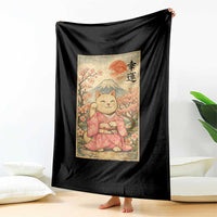Japanese Anime Maneki Neko Throw Blanket Kawaii Waving Cat Good Luck Kanji - Wonder Print Shop
