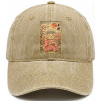 Japanese Anime Maneki Neko Washed Cotton Baseball Cap Kawaii Waving Cat Good Luck Kanji