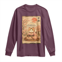 Japanese Maneki Neko Drinking Tea Kawaii Lucky Cat Long Sleeve Shirt - Wonder Print Shop