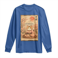 Japanese Maneki Neko Drinking Tea Kawaii Lucky Cat Long Sleeve Shirt - Wonder Print Shop