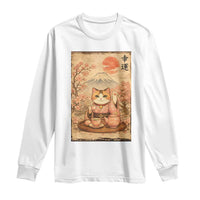 Japanese Maneki Neko Drinking Tea Kawaii Lucky Cat Long Sleeve Shirt - Wonder Print Shop
