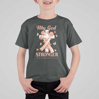 My God Is Stronger Than Endometrial Cancer T Shirt For Kid Christian Peach Ribbon