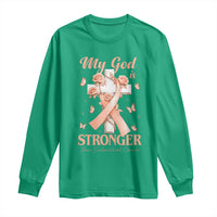 My God Is Stronger Than Endometrial Cancer Long Sleeve Shirt Christian Peach Ribbon