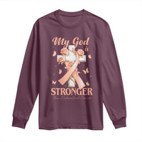 My God Is Stronger Than Endometrial Cancer Long Sleeve Shirt Christian Peach Ribbon