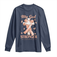 My God Is Stronger Than Endometrial Cancer Long Sleeve Shirt Christian Peach Ribbon