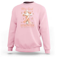 My God Is Stronger Than Endometrial Cancer Sweatshirt Christian Peach Ribbon