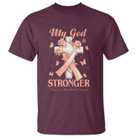 My God Is Stronger Than Endometrial Cancer T Shirt Christian Peach Ribbon