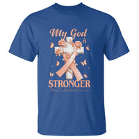 My God Is Stronger Than Endometrial Cancer T Shirt Christian Peach Ribbon