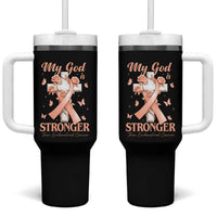 My God Is Stronger Than Endometrial Cancer Tumbler With Handle Christian Peach Ribbon
