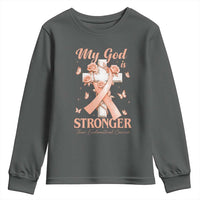 My God Is Stronger Than Endometrial Cancer Youth Sweatshirt Christian Peach Ribbon