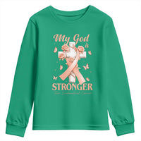 My God Is Stronger Than Endometrial Cancer Youth Sweatshirt Christian Peach Ribbon