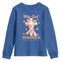 My God Is Stronger Than Endometrial Cancer Youth Sweatshirt Christian Peach Ribbon