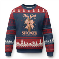Endometrial Cancer Faith Peach Ribbon Ugly Christmas Sweater My God Is Stronger Than Endometrial Cancer