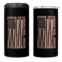 Strike Out Endometrial Cancer Baseball 4 in 1 Can Cooler Tumbler Peach Ribbon American Flag Support Gift
