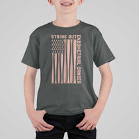 Strike Out Endometrial Cancer Baseball T Shirt For Kid Peach Ribbon American Flag Support Gift