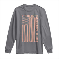 Strike Out Endometrial Cancer Baseball Long Sleeve Shirt Peach Ribbon American Flag Support Gift