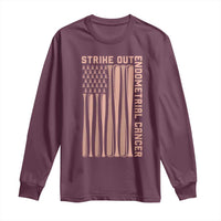 Strike Out Endometrial Cancer Baseball Long Sleeve Shirt Peach Ribbon American Flag Support Gift
