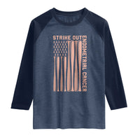 Strike Out Endometrial Cancer Baseball Raglan Shirt Peach Ribbon American Flag Support Gift