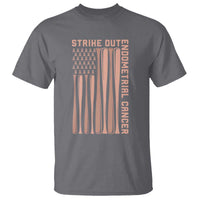 Strike Out Endometrial Cancer Baseball T Shirt Peach Ribbon American Flag Support Gift